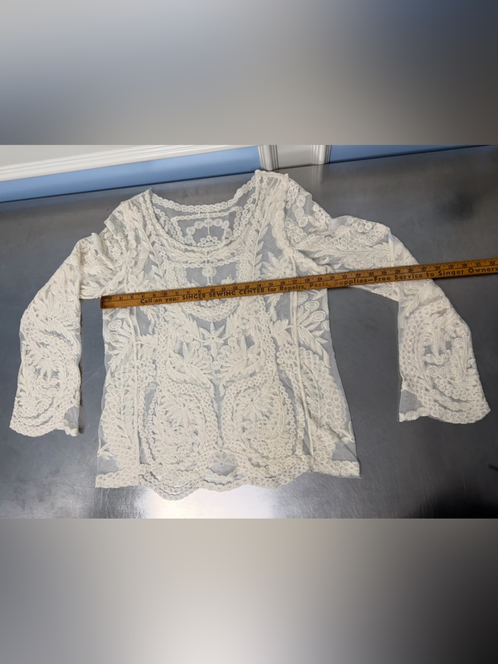 Ivory heavy Lace Long Sleeve Crochet Top - Picture 5 of 10